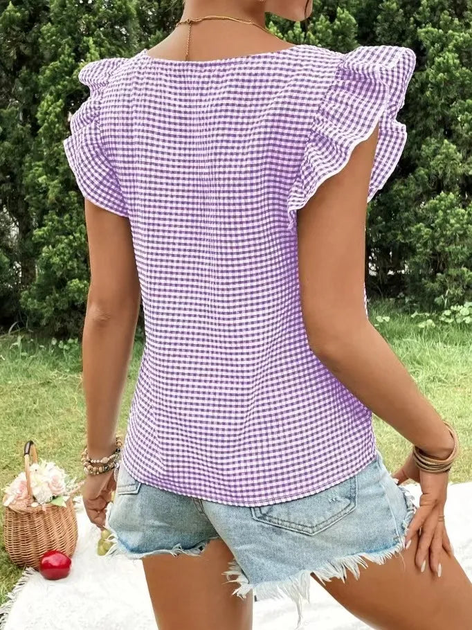 Ruffle Sleeve Gingham Square Neck Top - Ladyez