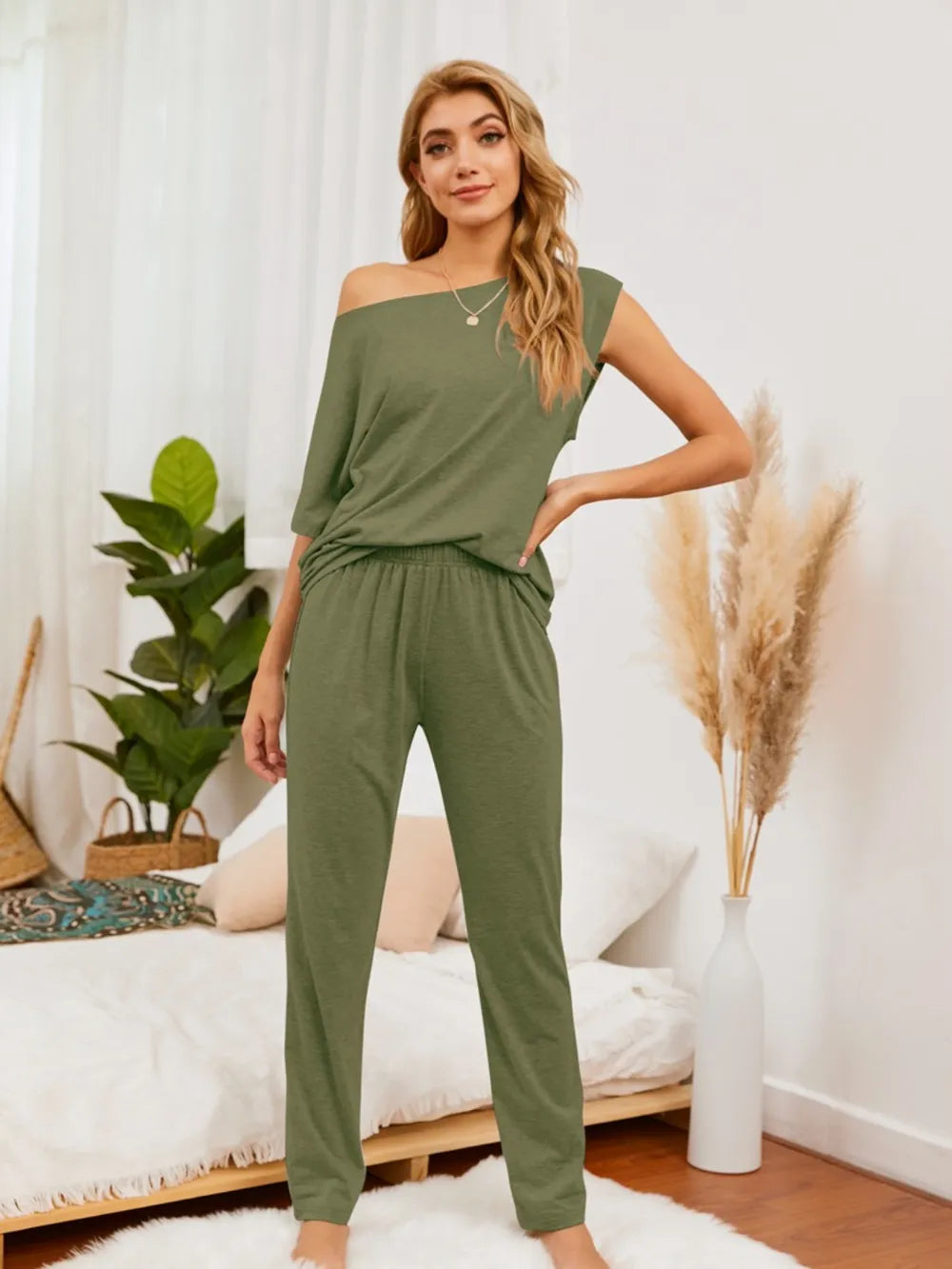 Boat Neck Top and Pants Lounge Set - Ladyez