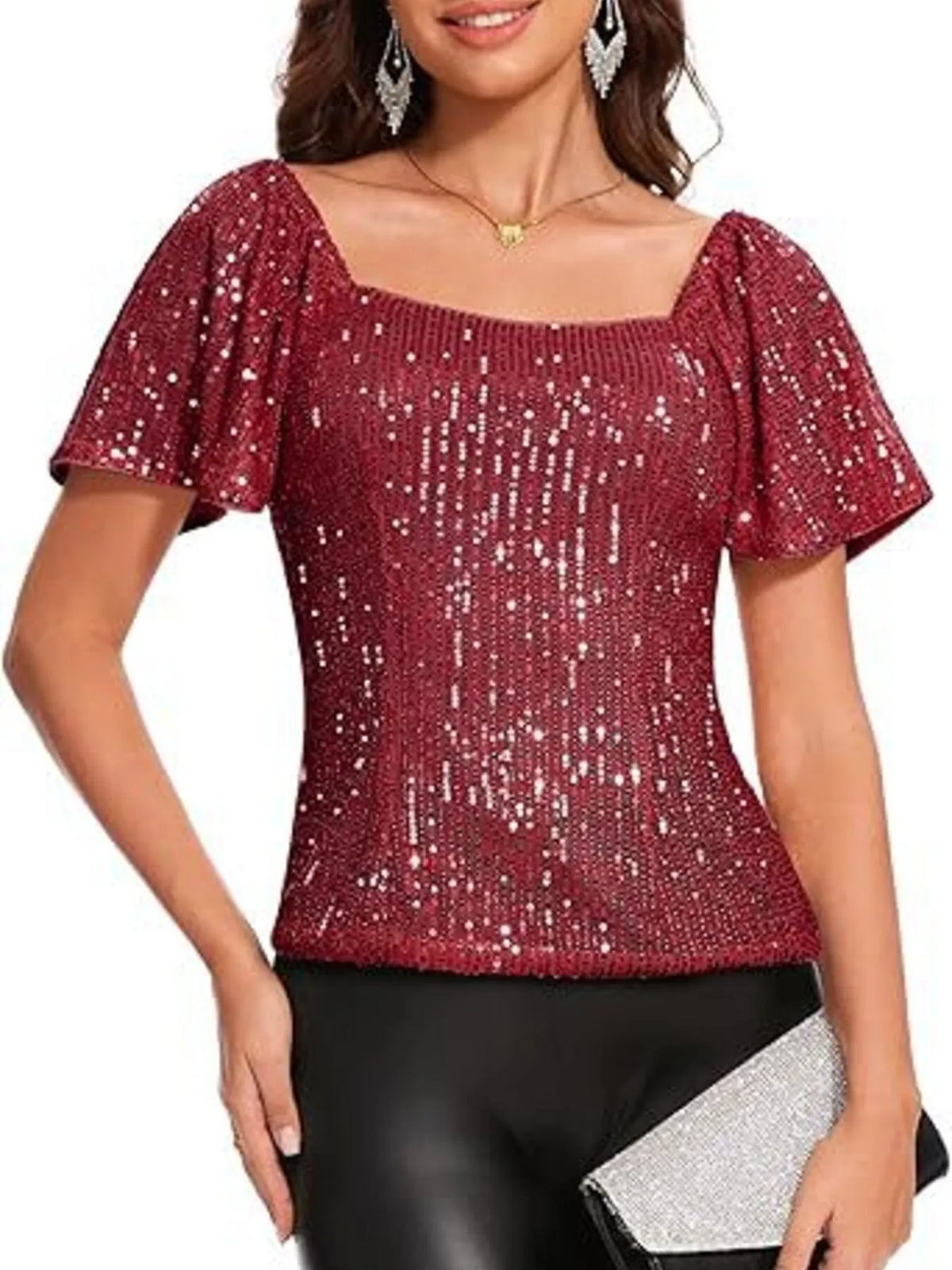 Square Neck Sequin Short Sleeve Blouse - Ladyez