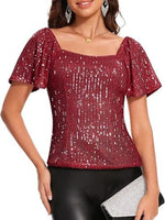 Square Neck Sequin Short Sleeve Blouse - Ladyez