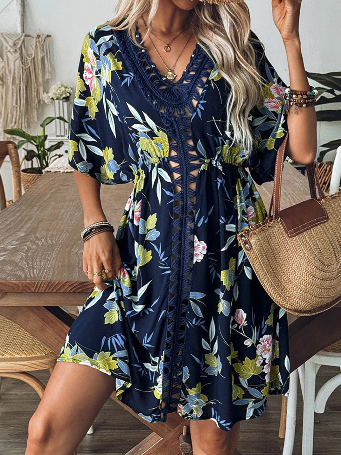 Crochet Front V-Neck Printed Cover-Up - Ladyez