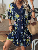 Crochet Front V-Neck Printed Cover-Up - Ladyez