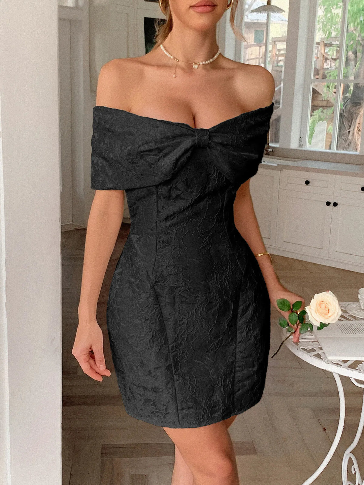 Bow Off-Shoulder Textured Mini Dress - Ladyez