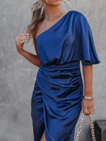 One-Shoulder Satin Wrap Dress with Side Slit - Ladyez
