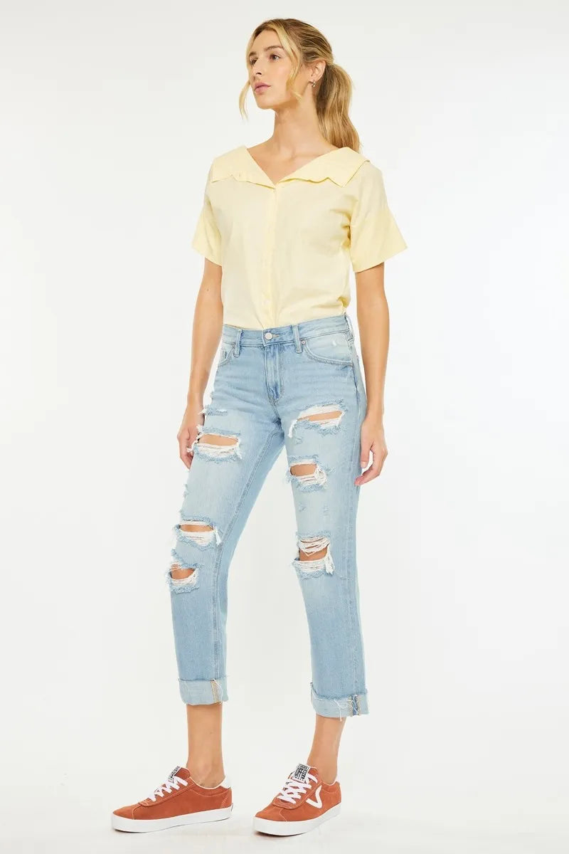 Kancan Mid Rise Distressed Boyfriend Jeans - Ladyez