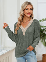 Lace Detail V-Neck Ribbed Blouse
