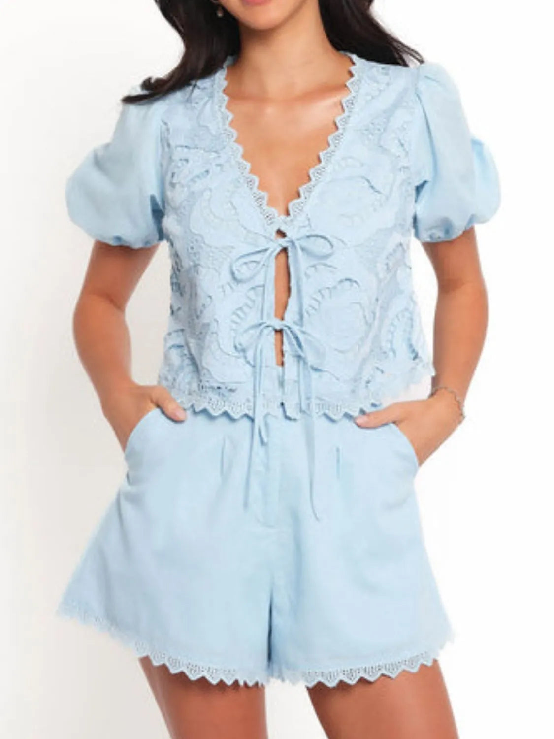 Lace Detail V-Neck Top and Shorts Set - Ladyez