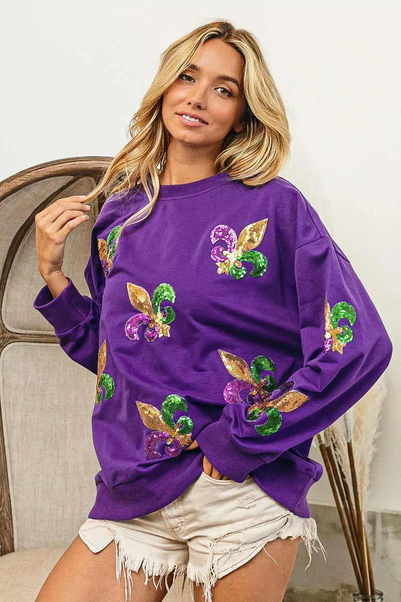 BiBi Fleur De Lis Sequin Patches Mardi Gras Sweatshirt