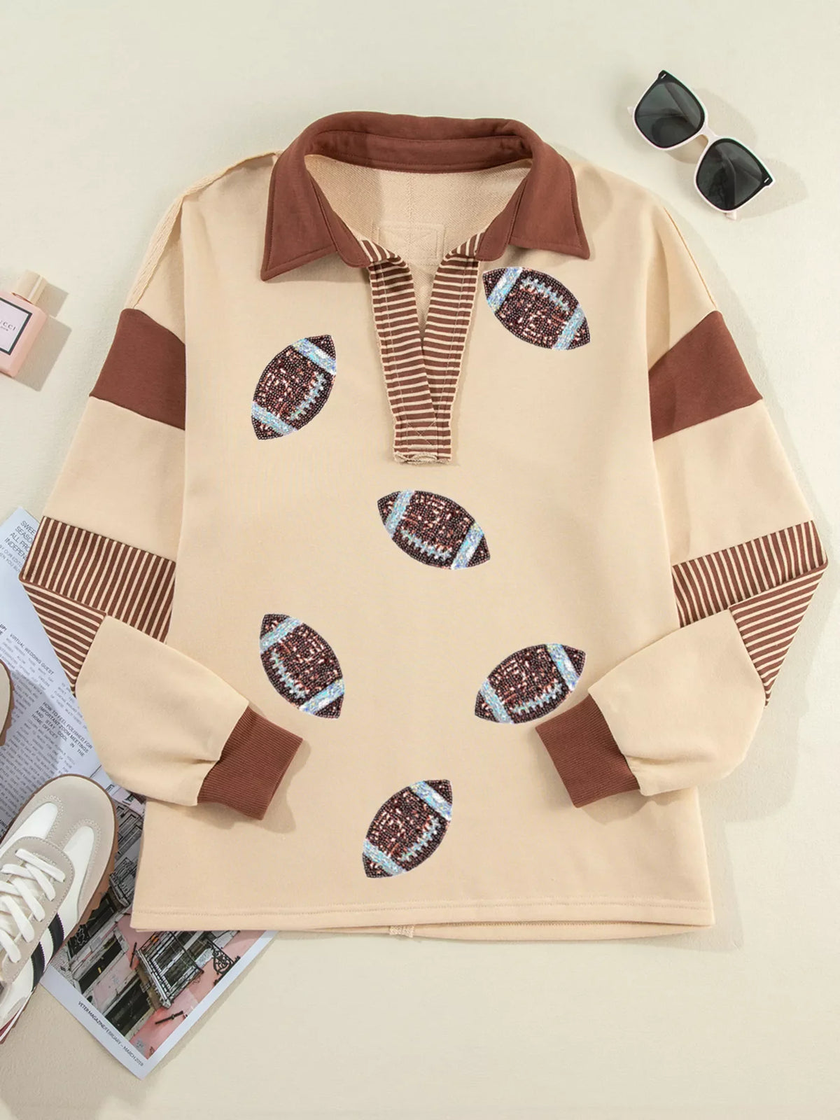 Color Block Striped Patchwork Sequin Rugby Graphic Polo Sweatshirt