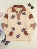 Color Block Striped Patchwork Sequin Rugby Graphic Polo Sweatshirt