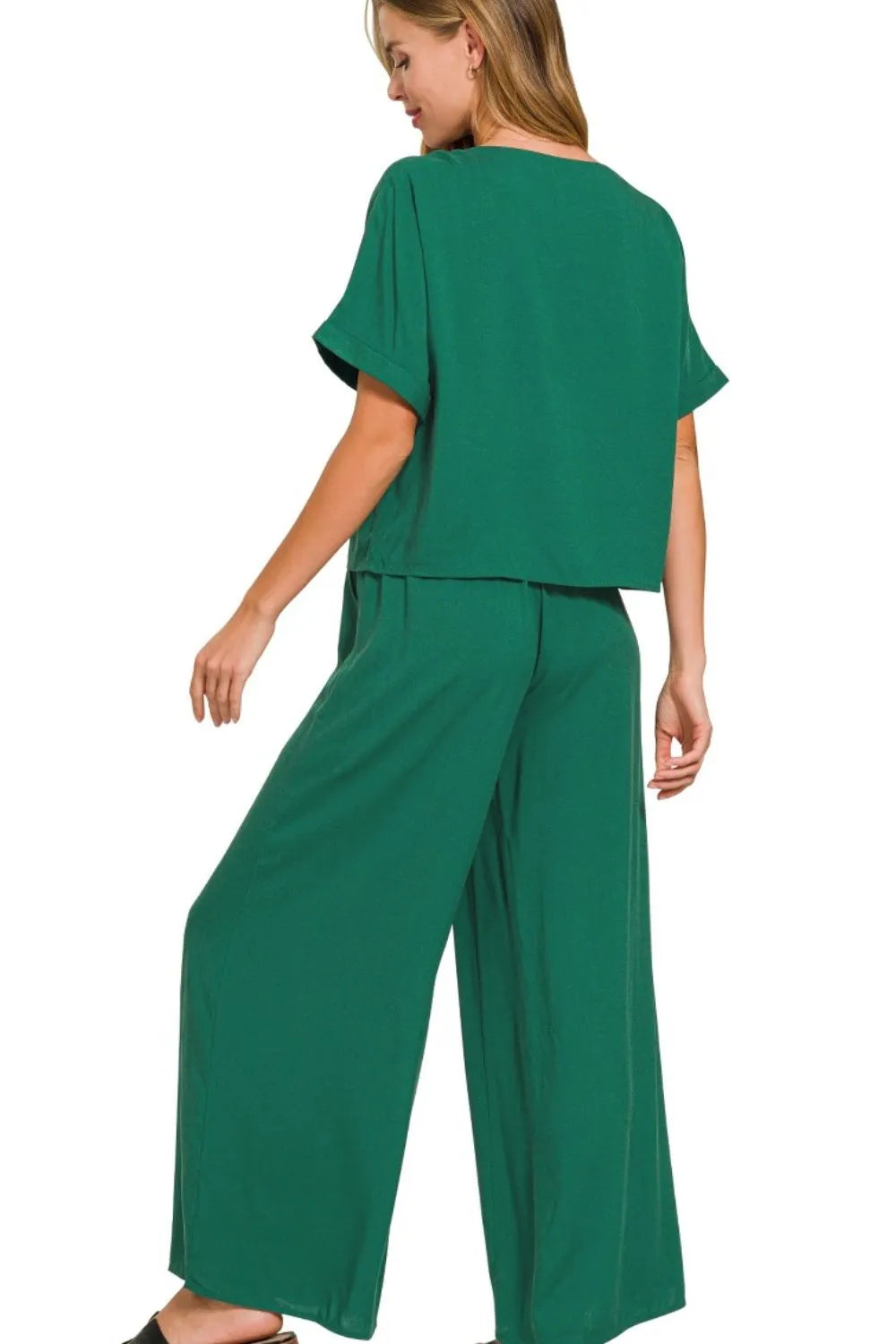 Zenana Round Neck T-Shirt and Wide Leg Pants Set - Ladyez
