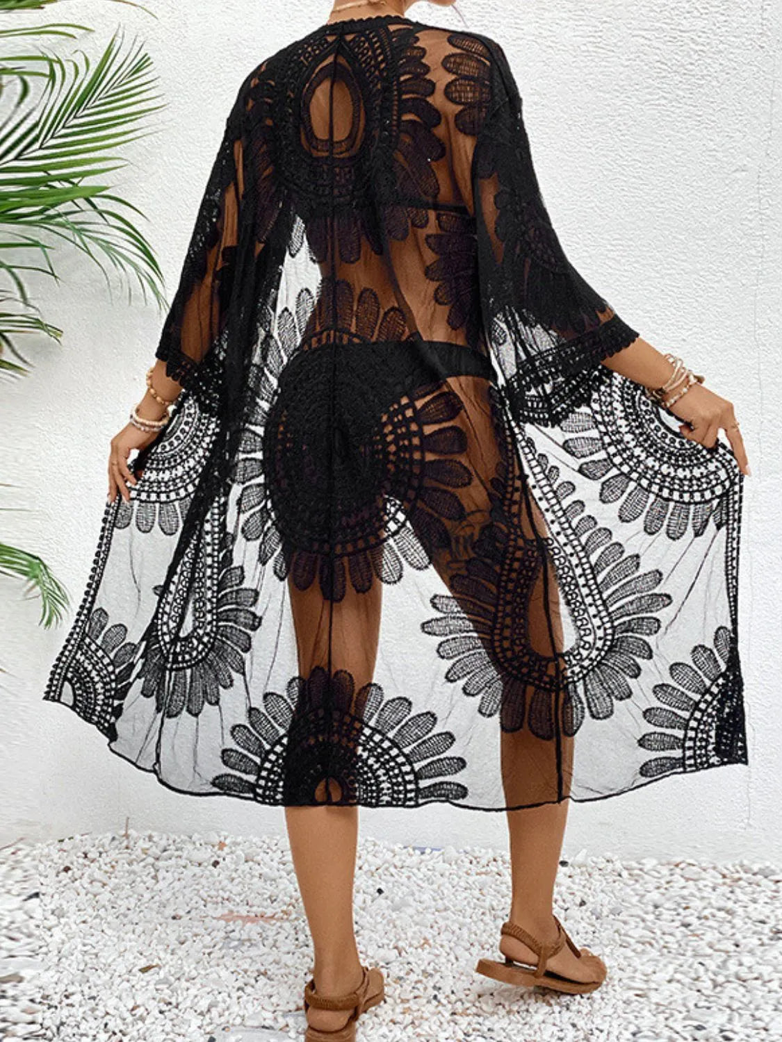 Lace Open Front Longline Cover-Up - Ladyez