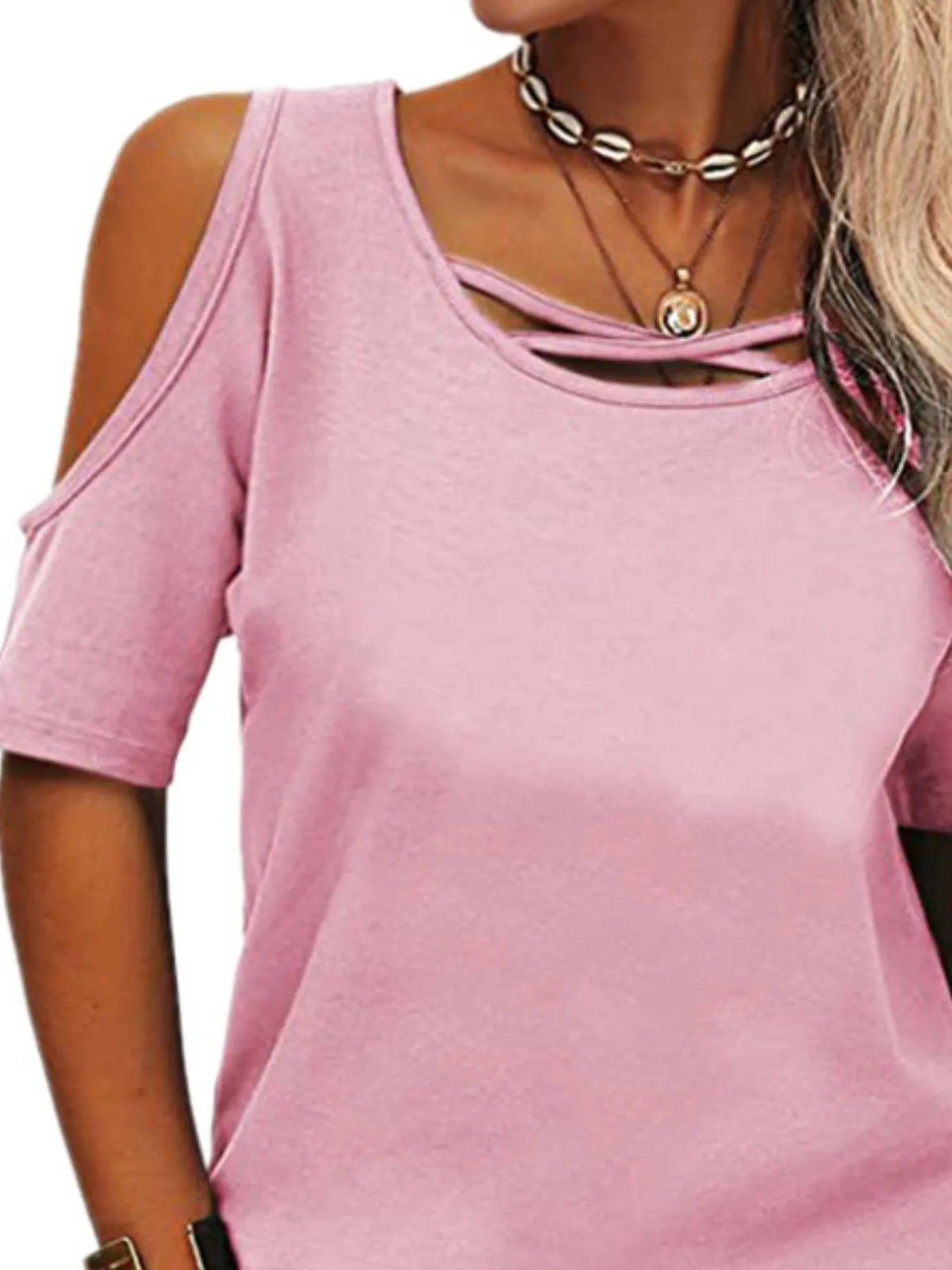 Full Size Crisscross Cold Shoulder Casual T-Shirt Plus Size - Ladyez