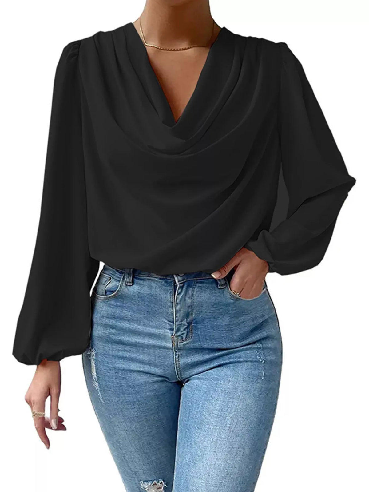 Full Size Cowl Neck Balloon Sleeve Blouse Plus Size