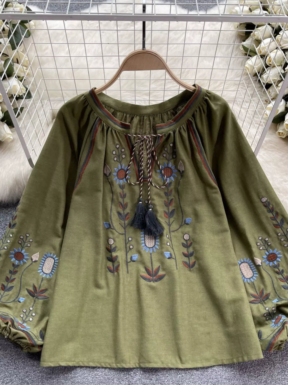 Embroidered Tie Neck Blouse