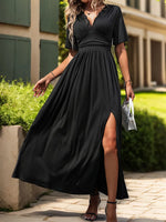 Perfee Lace Detail Slit V-Neck Short Sleeve Dress - Ladyez