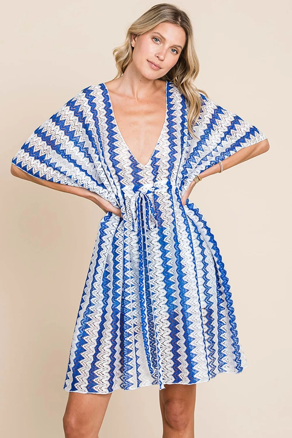 Cotton Bleu by Nu Lab Tied Striped Plunge Half Sleeve Cover-Up - Ladyez