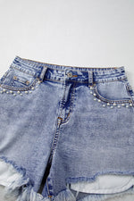 Pearl Studded Pockets Raw Hem Denim Shorts