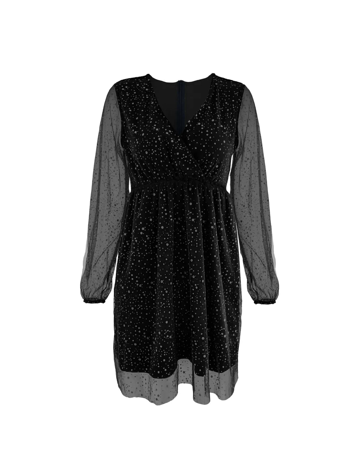 Sparkling Surplice Balloon Sleeve Mini Dress - Ladyez