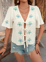 Embroidered V-Neck Short Sleeve Shirt