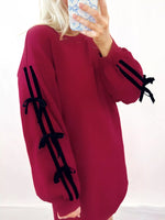 Contrast Striped Bow Detail Drop Shoulder Sweatshirt Dress with Pockets