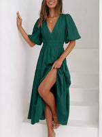 V-Neck Puff Sleeve Midi Dress