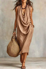 Sleeveless Drape Neck Midi Dress