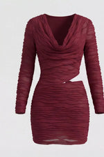 Ruched Cutout Cowl Neck Long Sleeve Mini Dress