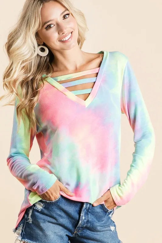 BiBi Tie Dye French Terry V-Neck Top with Strapped