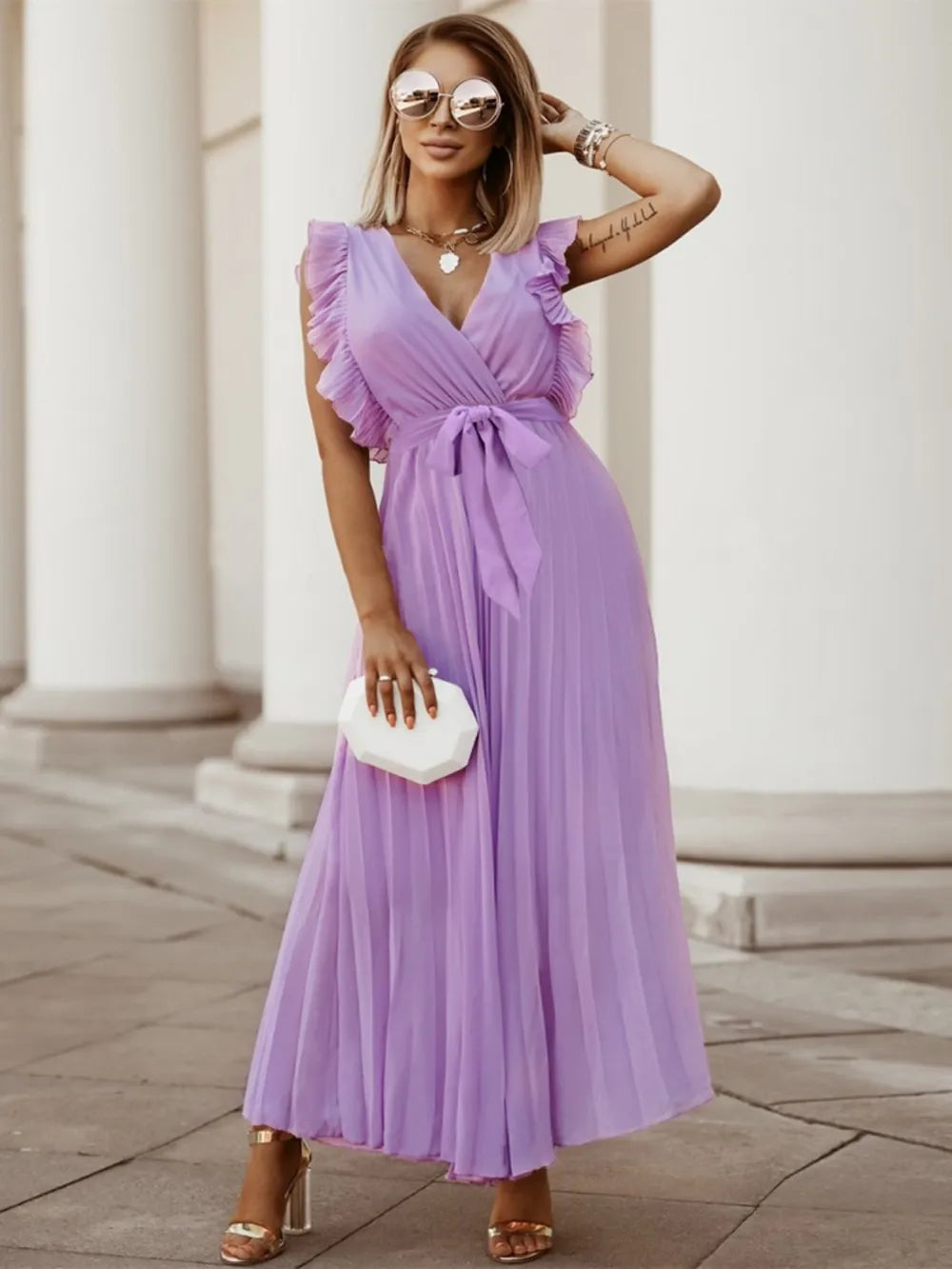 Tied Surplice Cap Sleeve Pleated Dress - Ladyez