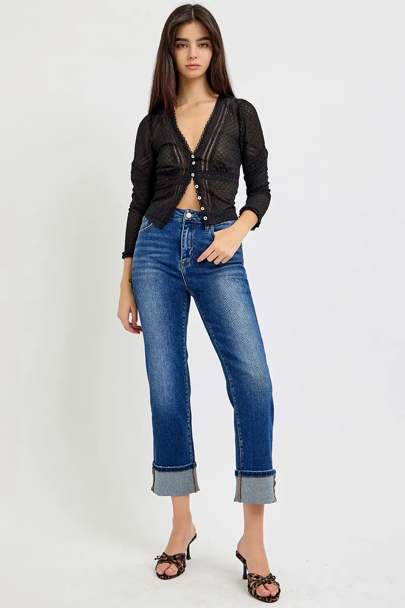 RISEN Full Size High Rise Ankle Straight Cuffed Jeans Plus Size - Ladyez