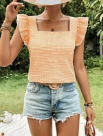 Ruffle Sleeve Gingham Square Neck Top - Ladyez