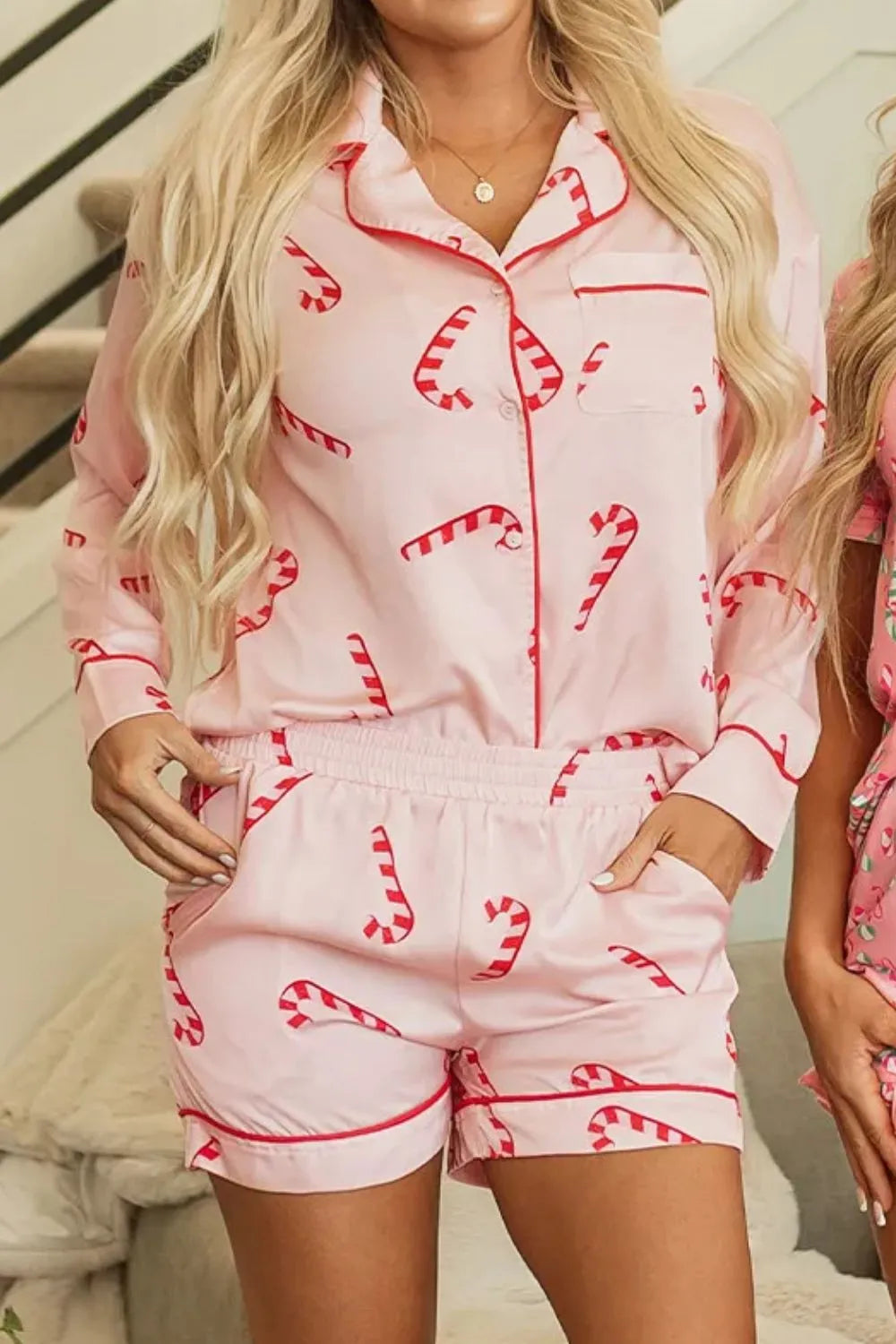 Candy Cane Collared Neck Long Sleeve Top and Shorts Lounge Set - Ladyez