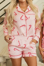 Candy Cane Collared Neck Long Sleeve Top and Shorts Lounge Set - Ladyez