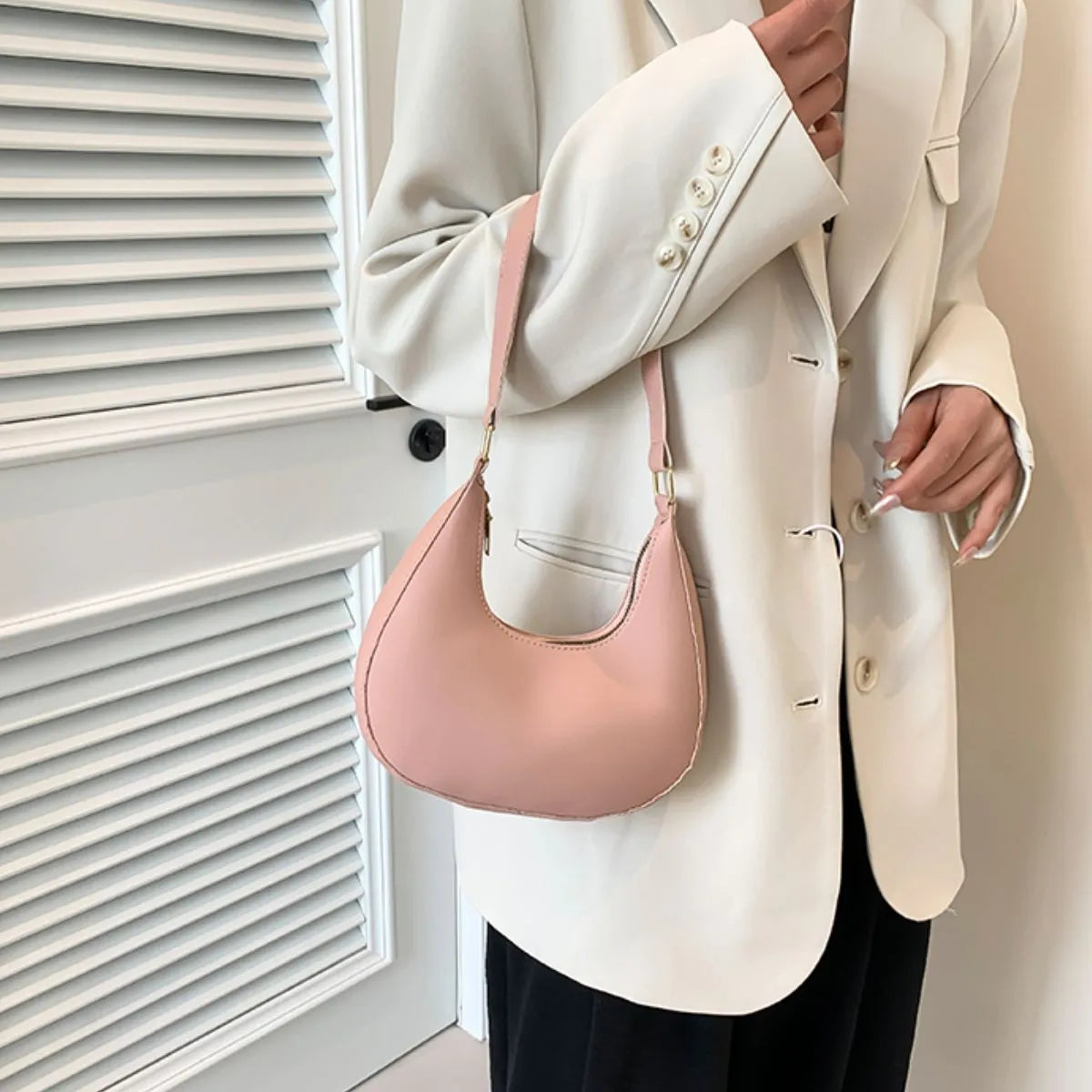 Solid Color Crescent Shoulder Bag - Ladyez