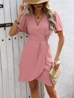 Surplice Short Sleeve Mini Dress - Ladyez