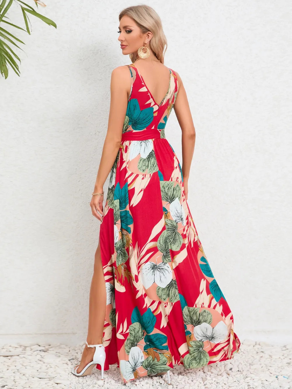 Slit Tied Printed Surplice Dress - Ladyez