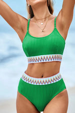 Textured Contrast Banding Bikini High Waist 2pcs Swimsuit - Ladyez