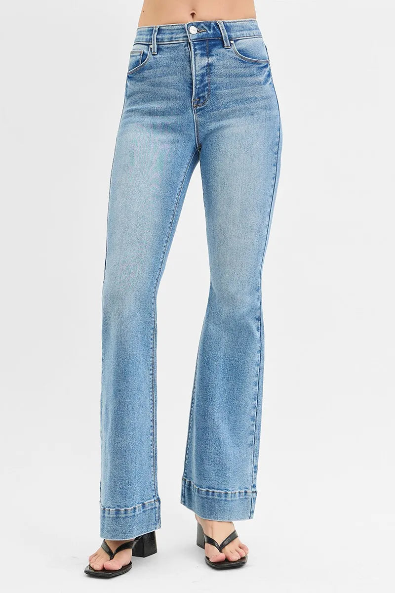RISEN Full Size Tummy Control Elastic Band High Rise Flare Jeans Plus Size - Ladyez