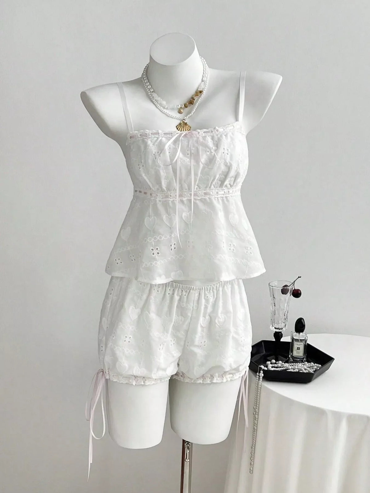 Lace Detail Eyelet Cami and Shorts Set