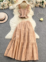 Smocked Crop Top and Hollow-Out Skirt Set