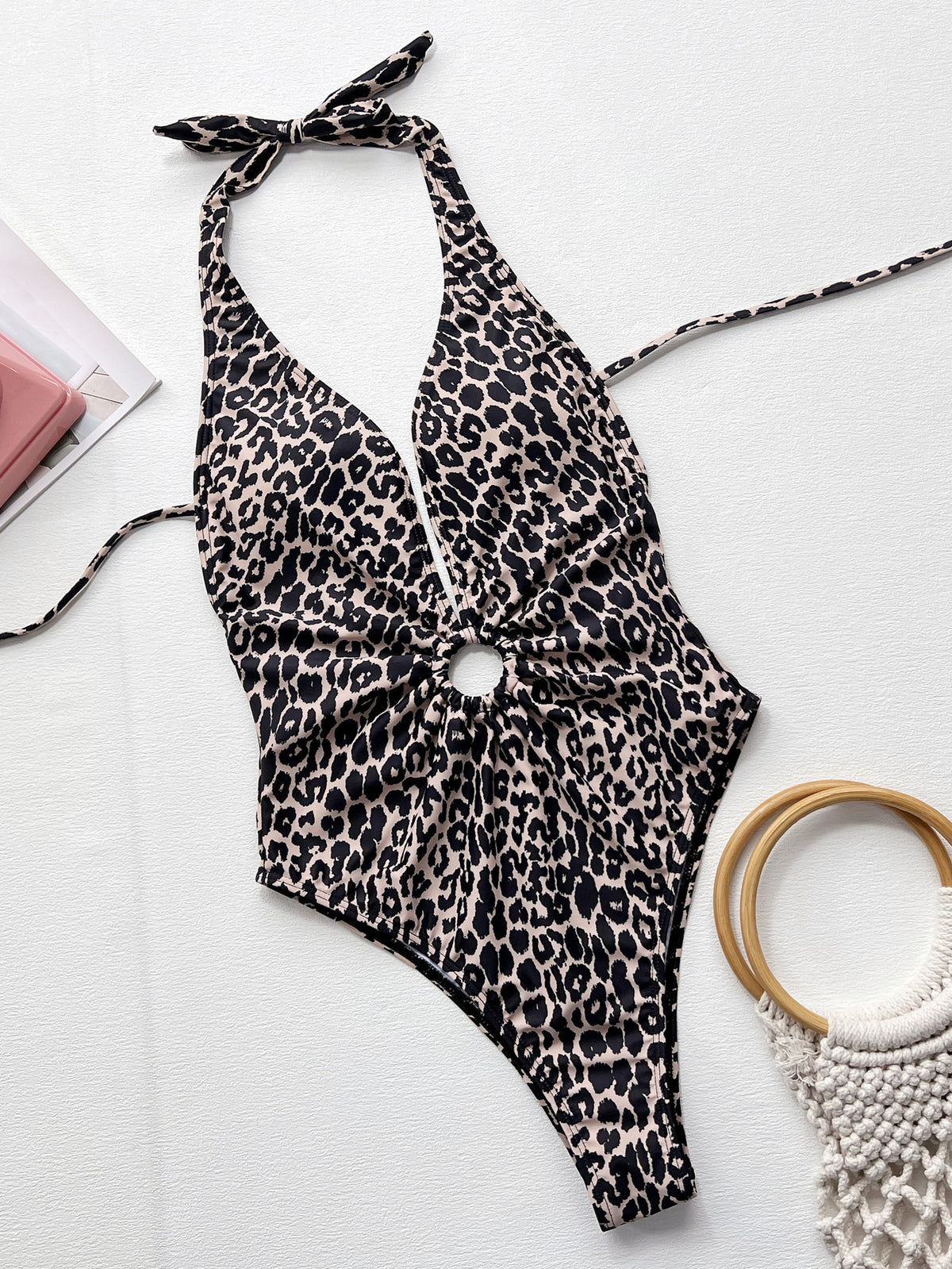 Leopard Halter Neck Ring Detail One-Piece Swimsuit - Ladyez