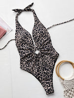 Leopard Halter Neck Ring Detail One-Piece Swimsuit - Ladyez