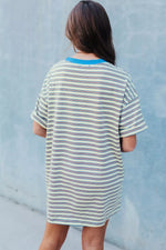 Stripe Drop Shoulder Cuffed Sleeve Loose Tunic T Shirt Mini Dress
