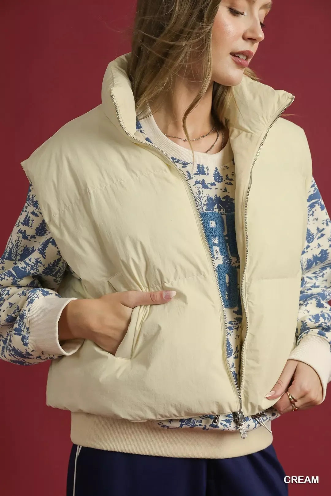 Umgee High Neck Puffer Vest with Zip Front
