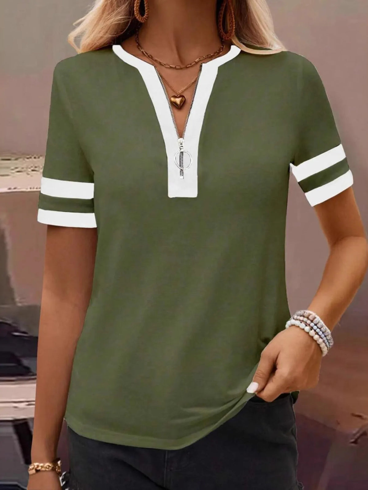 Striped Short Sleeve Half Zip Top - Ladyez