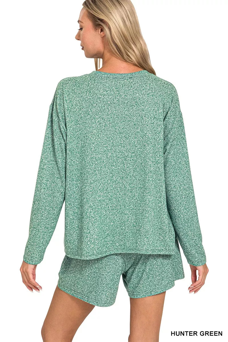 Zenana Soft Melange Long Sleeve Tee and Shorts Set