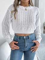 Cutout Back Openwork Round Neck Long Sleeve Sweater