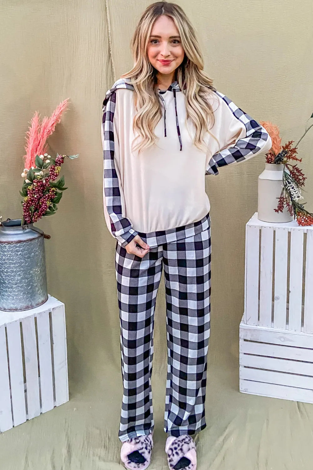 And The Why Drawstring Hooded Top and Plaid Pants Lounge Set - Ladyez