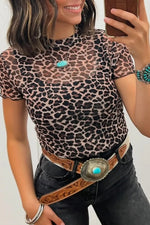 Leopard Print Sheer Mesh Short Sleeve Top